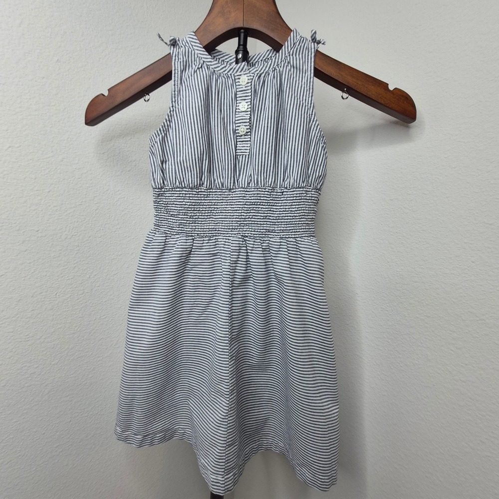 Carters Girls 5T Blue‎ White Striped Smocked Waist Cotton Sun Dress Bow Nautical